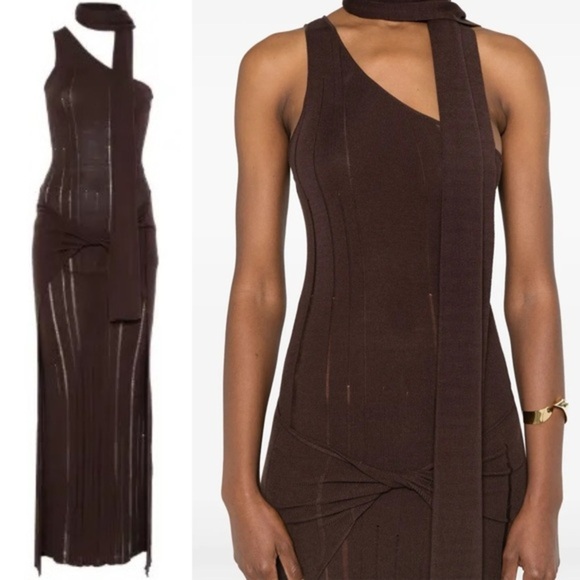 Aya Muse Chocolate Brown Silk Knit Maxi Dress w/ Scarf Size Medium NWT - Picture 2 of 7